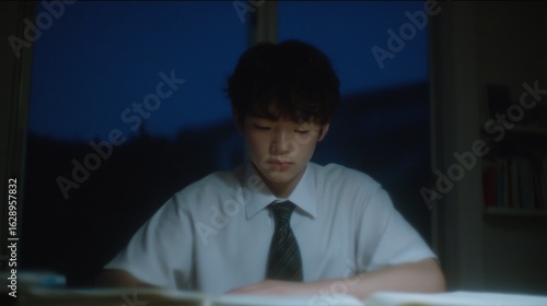 夜遅くまで勉強する男子学生　不安そうな表情と静かな部屋の雰囲気