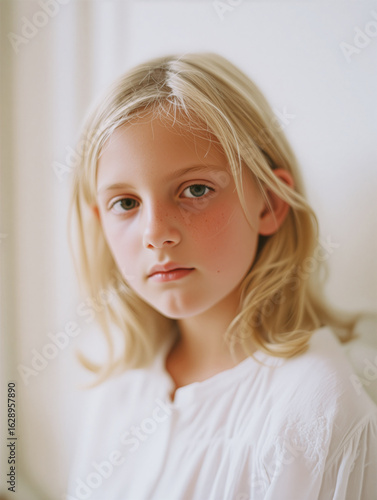 ブロンドヘアの少女　自然光の中で静かに見つめるポートレート