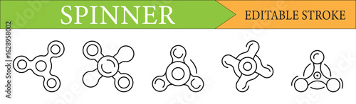 Fidget Spinner Line Icon Set with Editable Stroke