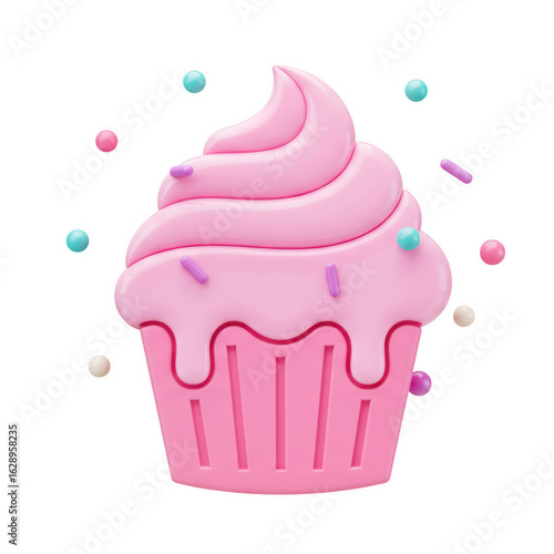 Pink cupcake with sprinkles, cute dessert illustration for birthday and party themes