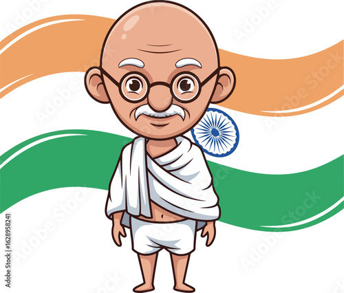 Full-body cartoon of Mahatma Gandhi, a bald man with a mustache, round glasses, and traditional white dhoti.