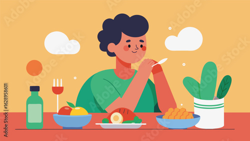 A person takes their time to eat fully appreciating the effort that went into preparing the meal and reflecting on the journey the ingredients took to.