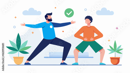 A man attending a tai chi class for his joint pain and another man trying out CBD oil for the same issue..