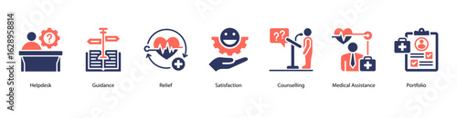 Customer Support web banner icon vector illustration featuring Helpdesk, Guidance, Relief, Satisfaction, Counselling, Medical Assistance, and Portfolio.