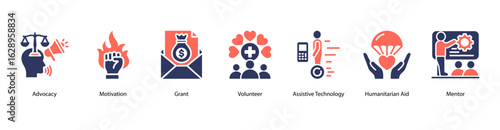 Uplift Others web banner icon vector illustration featuring Advocacy, Motivation, Grant, Volunteer, Assistive Technology, Humanitarian Aid, and Mentor.