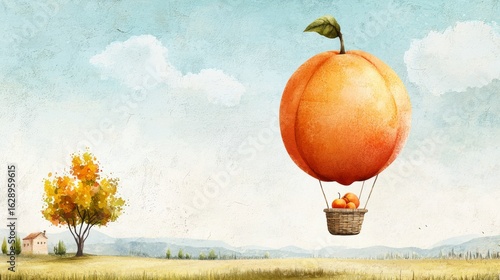 Illustration of a whimsical hot air balloon shaped like a giant peach, soaring over a serene landscape with trees and clouds
