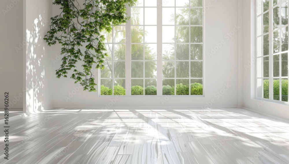 Fototapeta premium Sunlit Room, Greenery, White Walls, Garden View, Interior Design