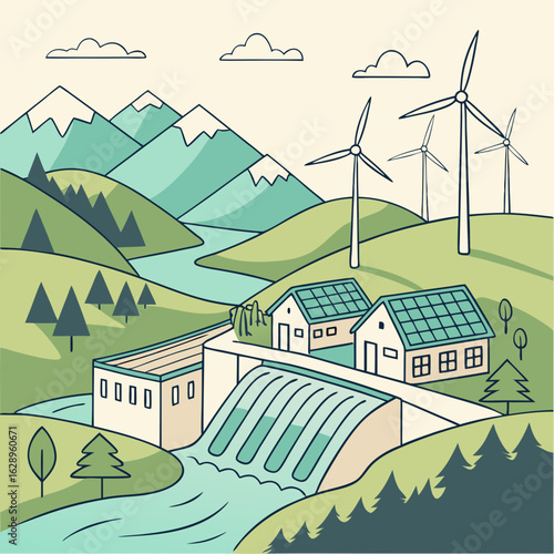 Green Energy Landscape with Hydroelectric Dam and Wind Turbines