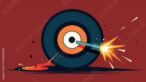 A giant vintagelooking vinyl ter slowly carves out the grooves of a record as sparks fly from the blade. Vector illustration