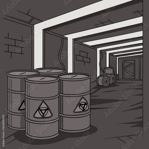 Grey Industrial Barrels in a Dark Underground Tunnel