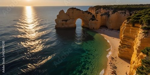 Golden hour aerial view of algarve coastline sea arch and beach