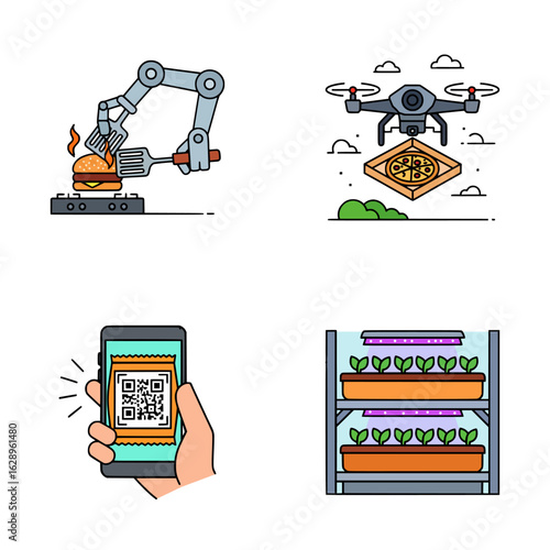 High-tech food automation with drone pizza, robot kitchen assistant, QR code reader, and smart indoor vertical farming