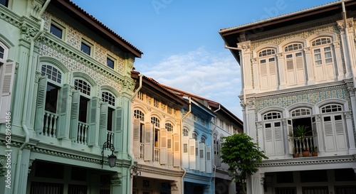 Charming Pastel Shophouses Line a Historic Street, Evoking Nostalgia and Cultural Heritage in a Vibrant Urban Landscape.