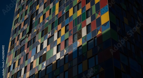 Colorful Modern Skyscraper Facade Bathed in Sunlight, Showcasing Vibrant Architectural Design and Urban Innovation with a Bold Palette