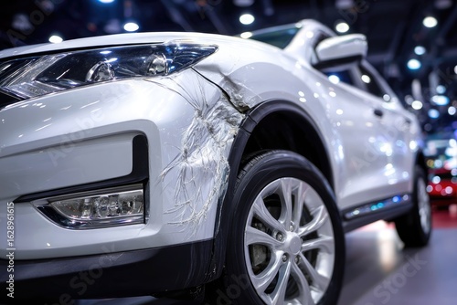 Damaged white SUV front end