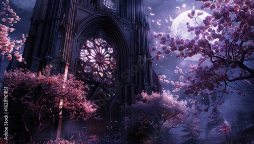 Gothic Cathedral, Cherry Blossoms, Night, Full Moon, Fantasy Game Background