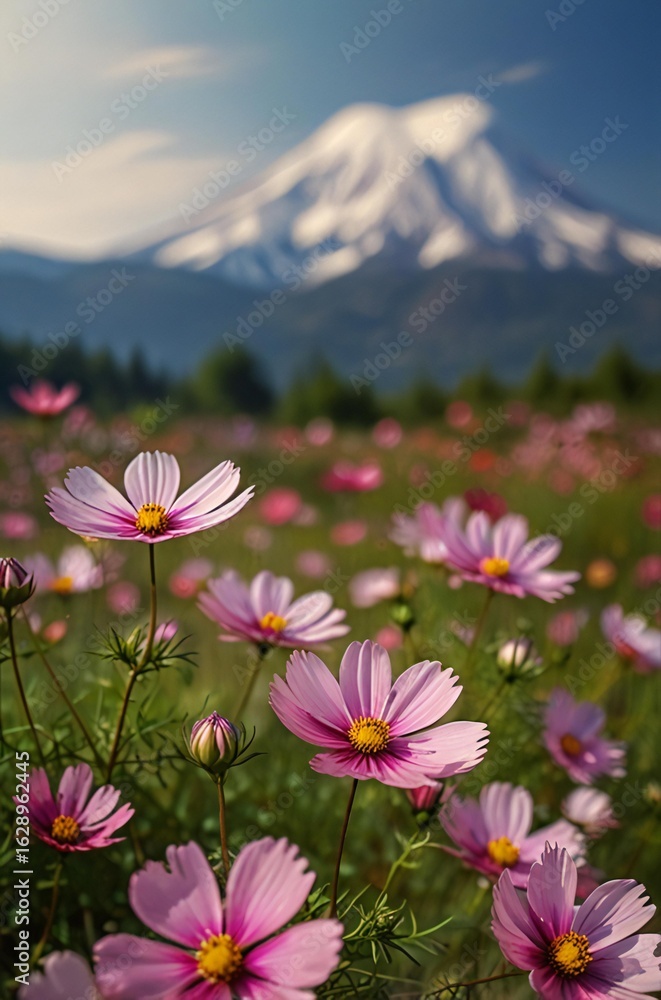 Fototapeta premium Pink cosmos flowers bloom in a field with a majestic snow capped mountain in the background