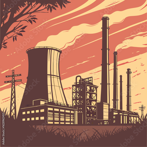 Industrial Power Plant Silhouette at Sunset