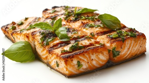 Grilled salmon fillets, herb garnish, white background, food photography, recipe