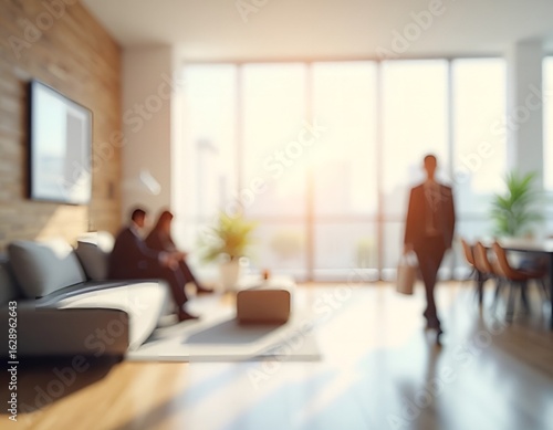 Blurred motion of diverse people walking through a bright sunlit modern building interior