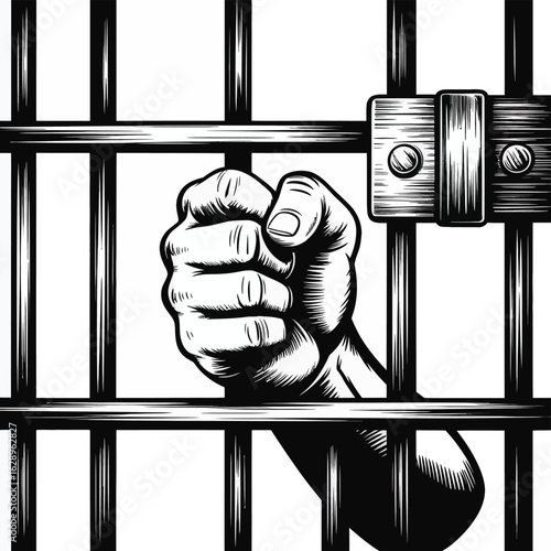 Fist clenched behind prison bars with lock