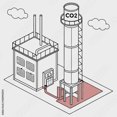 Isometric Illustration of a Carbon Capture Facility with CO2 Storage Tower