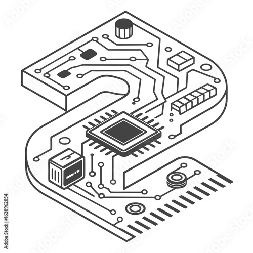 Isometric Illustration of a Circuit Board Forming an S Shape