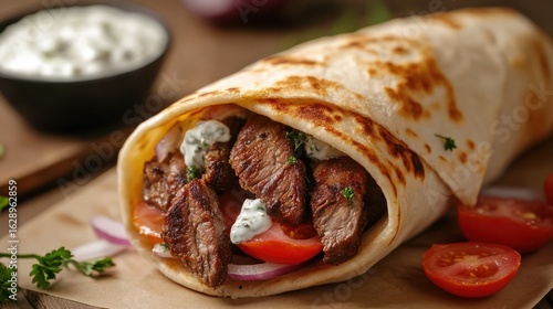 Grilled meat gyro wrap, tzatziki sauce, wooden background, restaurant food