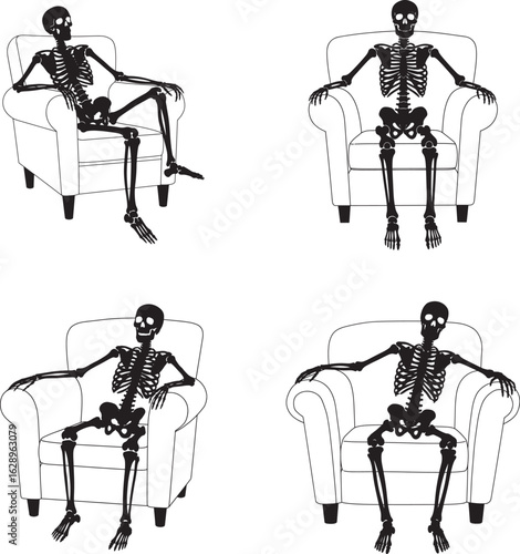 Four skeletons sitting in chairs in different poses