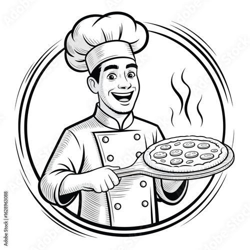 Happy chef holding a delicious pizza in a circle frame