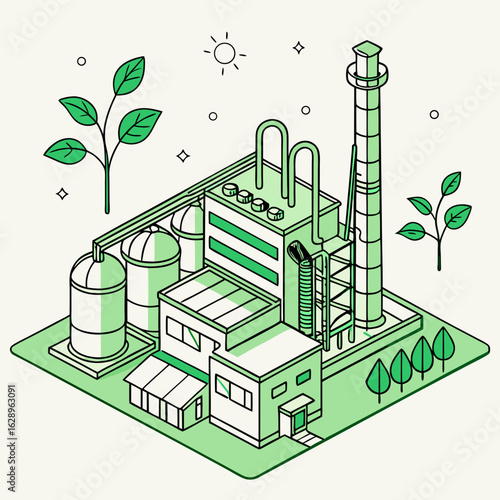 Isometric Illustration of a Green Eco-Friendly Factory