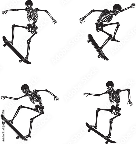 Skeleton skateboarder performing tricks in dynamic poses