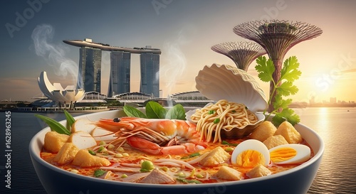 Vibrant Laksa Bowl with Shrimp and Eggs, Set Against Singapore's Iconic Marina Bay Sands and Supertree Grove at Sunset