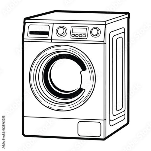 Black and white line drawing of a modern front loading washing machine