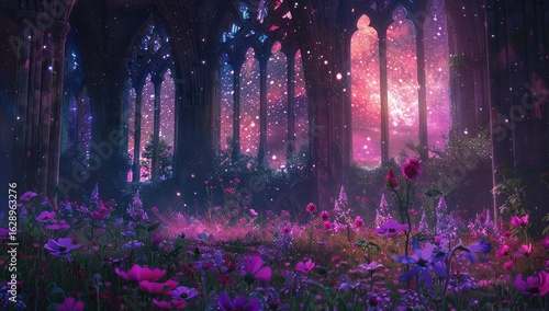 Starry Night Gothic Ruins, Floral Meadow, Fantasy, Wallpaper