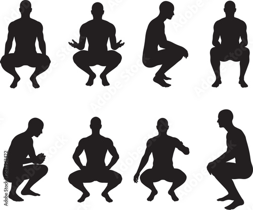 Silhouettes of men performing squats in various poses and angles