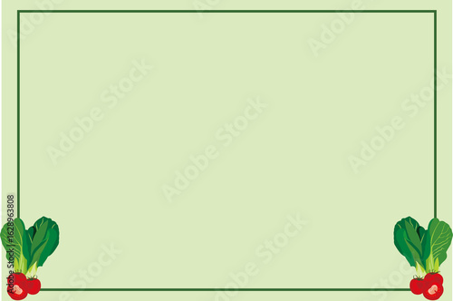 Green Frame Template with Tomato and Bok Choy Vegetables for Food, Healthy Lifestyle, and Organic Design