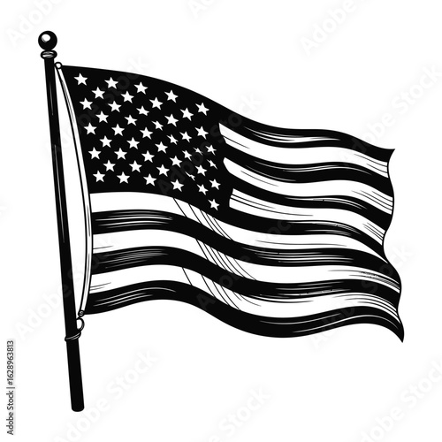 Vintage black and white illustration of the american flag waving on a pole