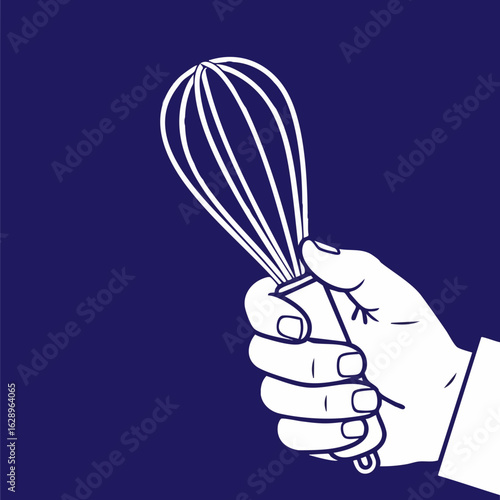 Hand Holding Whisk on Dark Blue Background for Cooking Blogs, Recipe Websites, Kitchen Equipment Guides, Culinary Education, and Food Content Creation  