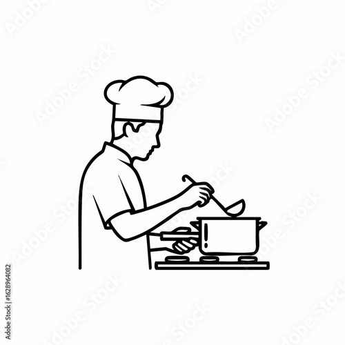 Chef Cooking in Kitchen While Stirring Pot for Culinary Blogs, Recipe Websites, Cooking Classes, Food Education, and Chef Training Material  