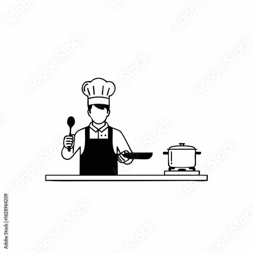 Chef Cooking in Kitchen with Spoon and Pan for Culinary Blogs, Recipe Websites, Food Education, Cooking Classes, and Kitchen Decor  