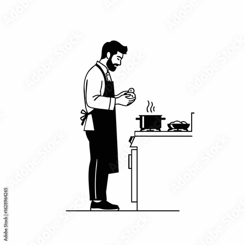 Man Cooking in Kitchen Wearing Apron and Preparing Ingredients for Culinary Blogs, Recipe Websites, Cooking Classes, and Food Enthusiast Content  