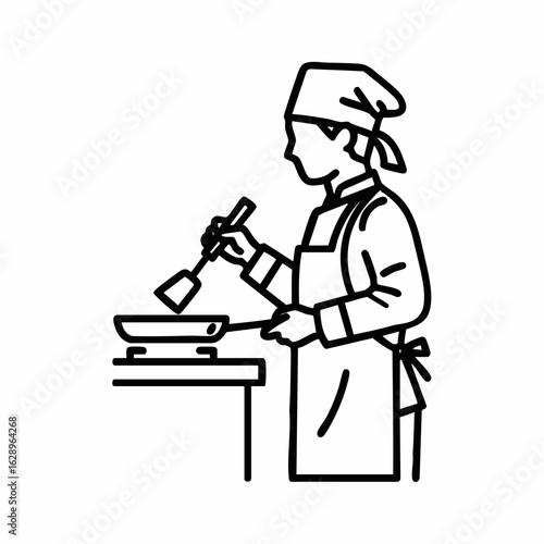 Chef Cooking in Kitchen with Spatula for Culinary Blogs, Recipe Websites, Cooking Classes, Food Education, and Restaurant Marketing  