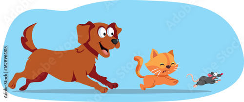 Dog Chasing Cat Running after a Mouse Vector Cartoon Illustration. Animals having fun being playful in a friendly chase game 
