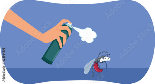 Person Using a Repellent Spray on a Frightened Mosquito. Unhappy insect being chased with an insecticide by pest control 
