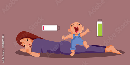 Tired Mother with Hyperactive Baby Feeling Burnout Vector Illustration. Mom drained of energy contrasting her kid full of vitality 
