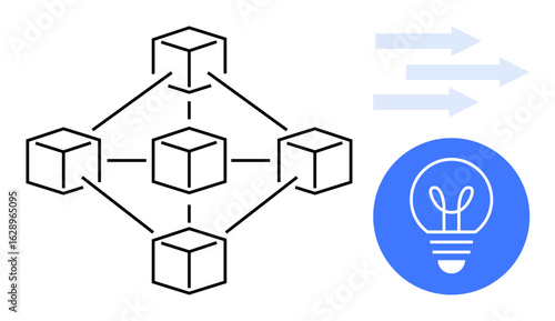 Interconnected cubes representing a blockchain network next to a blue light bulb for innovation and arrows indicating flow. Ideal for technology, innovation, blockchain, connections, digital