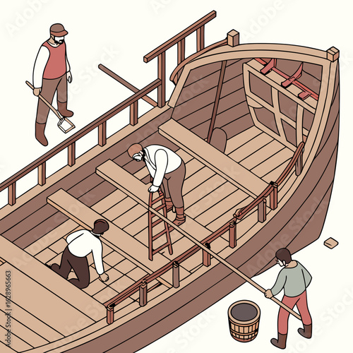 Craftsmen Building a Wooden Boat: Isometric Illustration