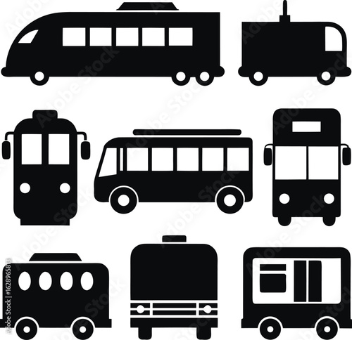 Diverse black public transport vehicle icons tram train