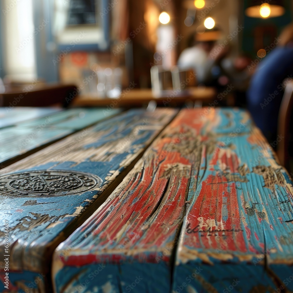 Naklejka premium Colorful rustic cafe table, paint-chipped wood, blurred background, busy eatery
